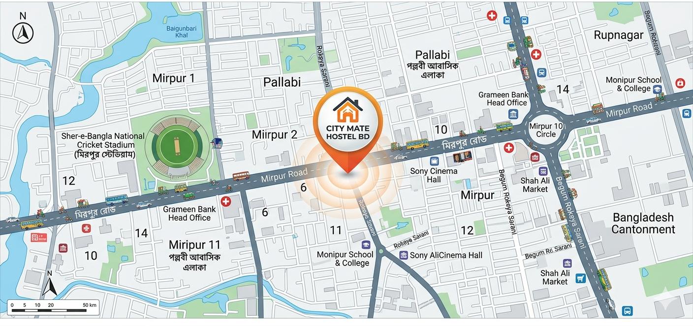 Map showing CityMate Hostel in Mirpur-1, Dhaka
